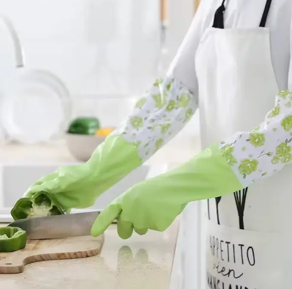 1Pair Lengthen Dishwashing Cleaning Glove Durable Waterproof Cleaning Rubber Long Sleeves for Dish Washing Velvet Lining Household Glove